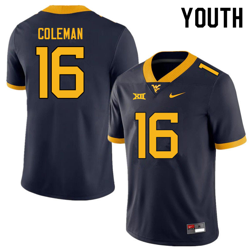 Youth #16 Caleb Coleman West Virginia Mountaineers College Football Jerseys Sale-Navy - Click Image to Close